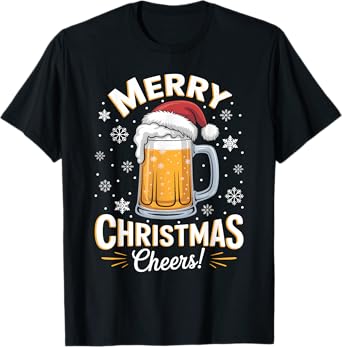 Funny Christmas Pajama Outfit Men Women Beer Mug Santa Hat T-Shirt