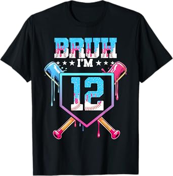 Bruh 12th Birthday Boy Baseball Ice Cream Drip T-Shirt