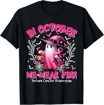 In October We Wear Pink Ghost Witch Breast Cancer Awareness T-Shirt