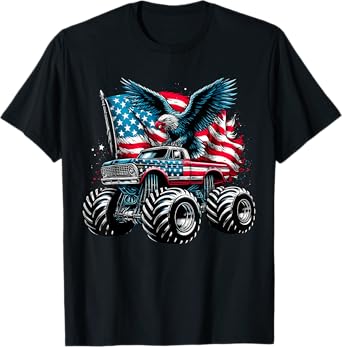 Monster Truck Bald Eagle 4th of July Boys American Flag T-Shirt