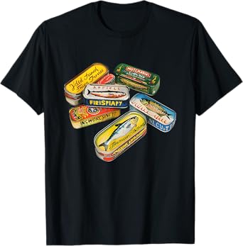 90s Sardine Tins Anchovy Canned Fish Tee Unisex-Adult T-Shirt Black Small Sardine Tin Pattern Crew Neck Short Sleeve Lightweight Straight Fit