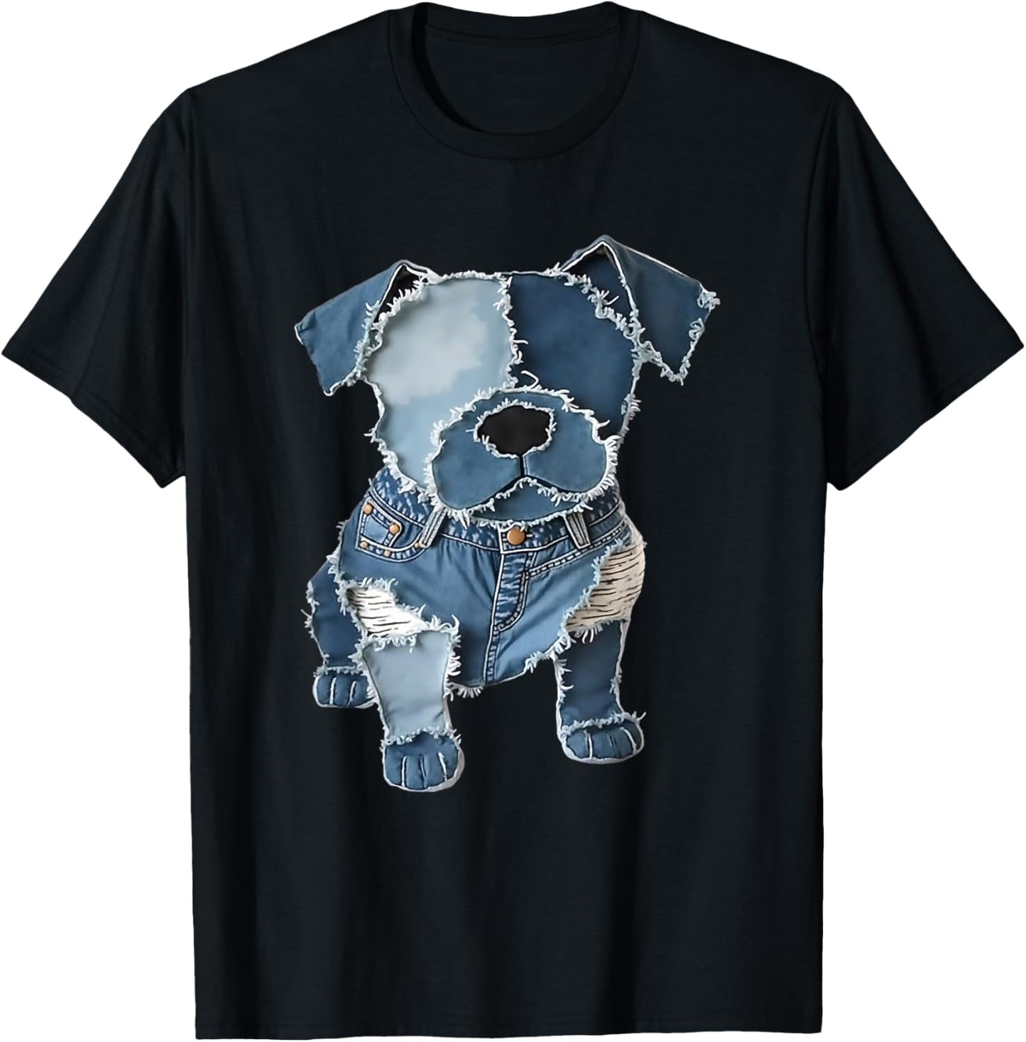 Retro Funny Denim Patch Animal Dog Print T-Shirt