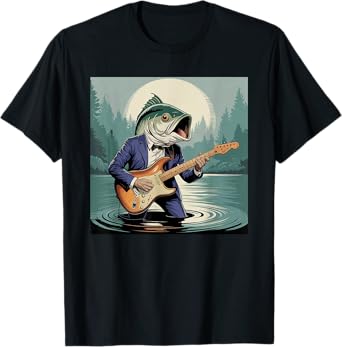 Funny Fish Playing Bass Guitar Funny Cursed Meme Fishing T-Shirt