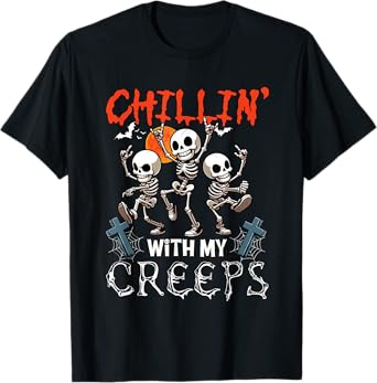 Chillin' With My Creeps Halloween Three Horror Skeletons T-Shirt