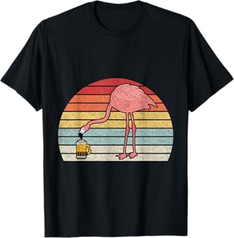 Retro Vintage Pink Flamingo Drinking Beer T-Shirt