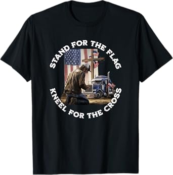 American Trucker Praying At The Cross & US Flag Christian T-Shirt