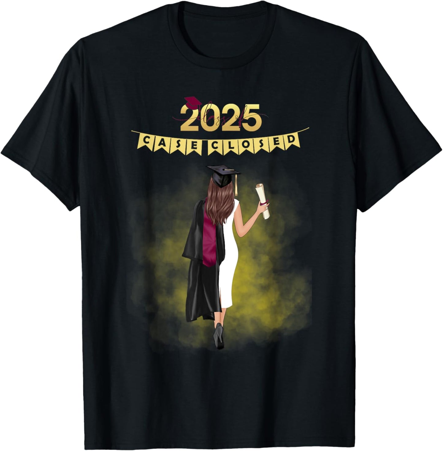 Graduation Class of 2025 Case Closed Black Gown Maroon Stole T-Shirt