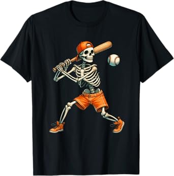 Funny Skeleton Batting Baseball Halloween Boys Men Kids T-Shirt