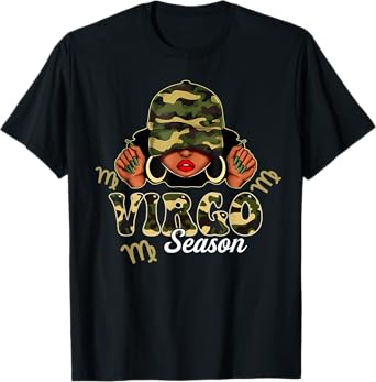 Virgo Season Black Woman With Cap Camo Afro Girl Zodiac T-Shirt