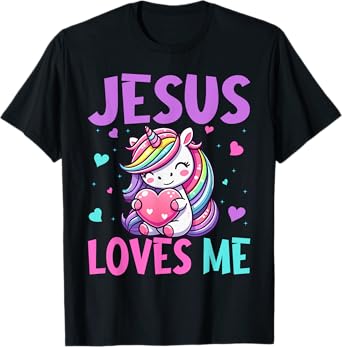 Kids Jesus Loves Me Christian Bible Girls Rainbow Unicorn T-Shirt