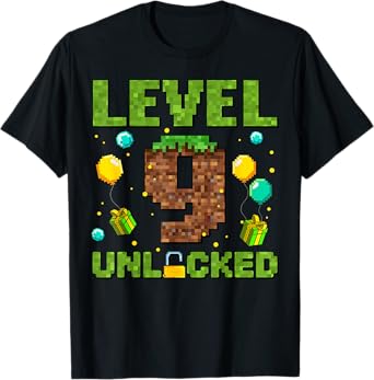 Funny 9th Birthday Boy Gamer Level 9 Unlocked Pixel Game T-Shirt