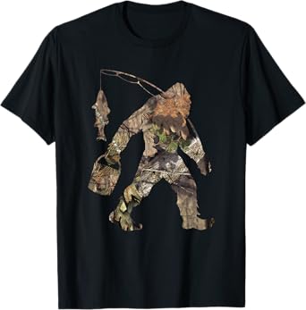 Fishing Bigfoot Carrying Fishing Pole Camo Sasquatch T-Shirt