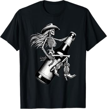 Skeleton Gothic Cowgirl Cowboy Hat Rodeo Beer Western Skull T-Shirt