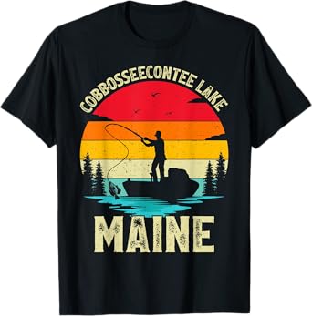 Summer Vacation Fishing Vintage Maine Cobbosseecontee Lake Men Women Kids T-Shirt