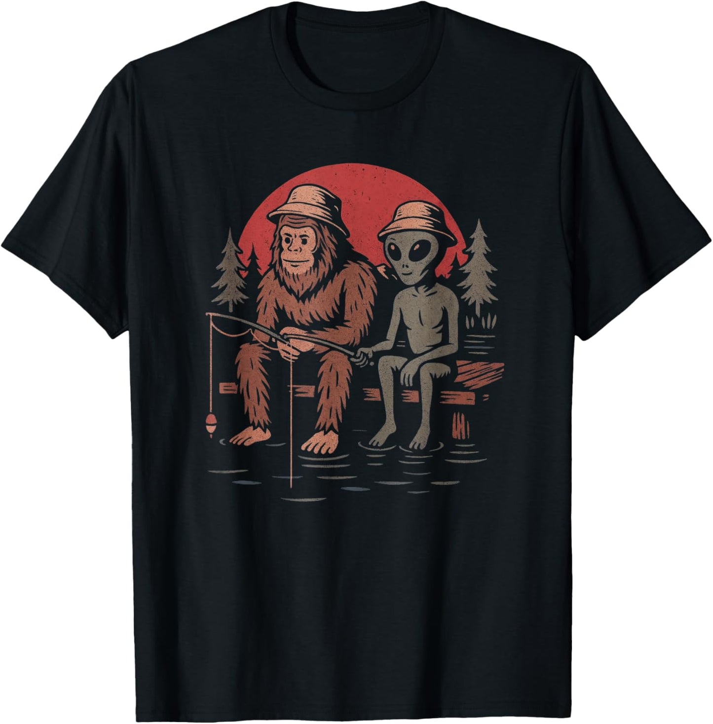 Bigfoot Fishing Shirt Men Boys Sasquatch Fishing Distressed T-Shirt