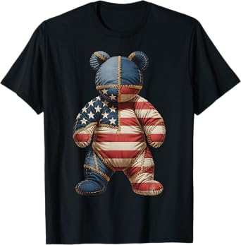 Denim Patch Vintage Distressed Patriotic American Flag Bear T-Shirt