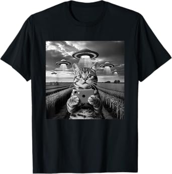 Cat Selfie with Alien UFO Funny Cat for Men Women Kids T-Shirt