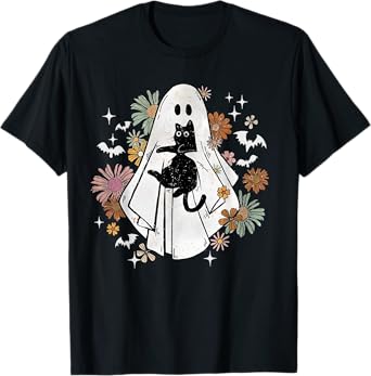 Spooky Ghost Holding Black Cat Groovy Floral Halloween Goth T-Shirt