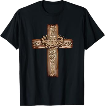 Rustic Wooden Cross Graphic Crown of Thorns Christian Faith T-Shirt