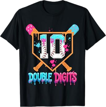 Baseball Drip 10th Birthday Boy Double Digits Ice Cream Drip T-Shirt