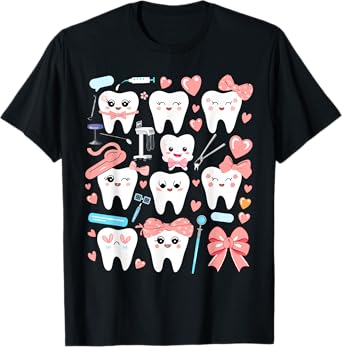 Pink Coquette Bow Cute Teeth Dentist Squad Dental Assistant T-Shirt