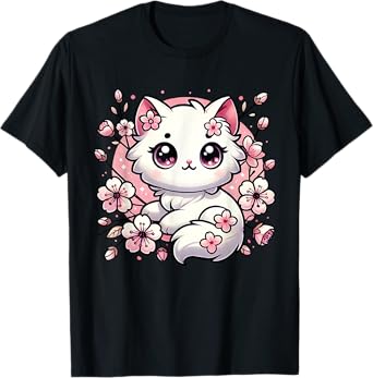 Cute Kawaii Cat Cherry Blossoms Kitten Lover Gift Women Girl T-Shirt