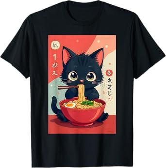 Kitten Eating Japanese Noodles Anime Manga Baby Cat Ramen T-Shirt