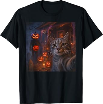 Funny Cat Selfie with Jack Oโ Lantern Halloween T-Shirt