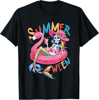 Summerween Mermaid Skeleton Flamingo Summer Halloween Women T-Shirt