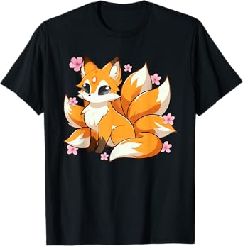 Nine Tails Fox Kitsune Japanese Cherry Blossoms T-Shirt