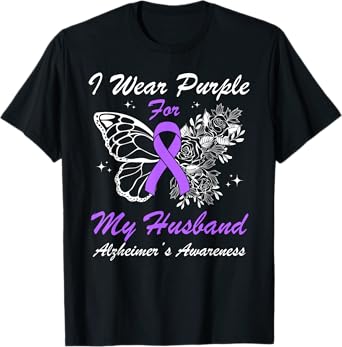 I Wear Purple For My Husband Alzheimer's Awareness Butterfly T-Shirt