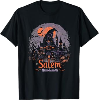 Vintage Salem Massachusetts Halloween Skyline Cityscape T-Shirt