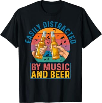 Easily Distracted By Music & Beer Retro Vintage Lover Gift T-Shirt