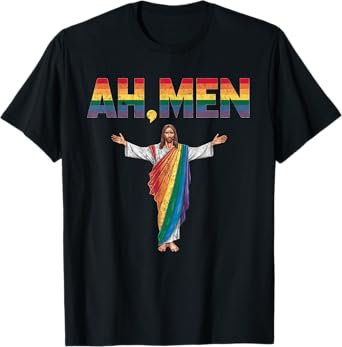 Ah-Men Funny Gay Pride Rainbow Jesus Graphic T-Shirt