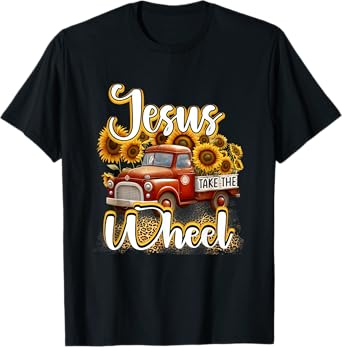 Sunflower Jesus Take The Wheel Christian Leopard Print T-Shirt