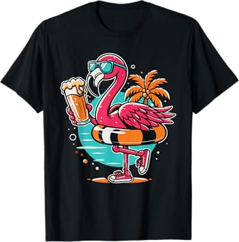 Flamingo Beer Drinking Beach Summer Swimming T-Shirt for Men Women