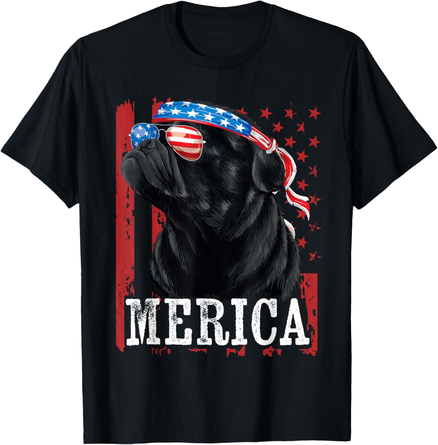 Funny Black Pug 4th of July Dog Mom Dog Dad Merica USA Flag T-Shirt