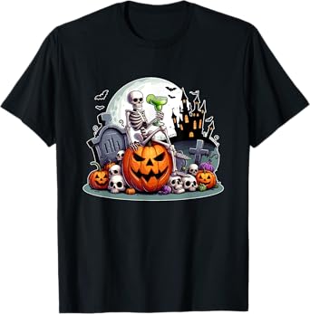 Skeleton Drinking Cocktail On Carved Pumpkins Halloween T-Shirt
