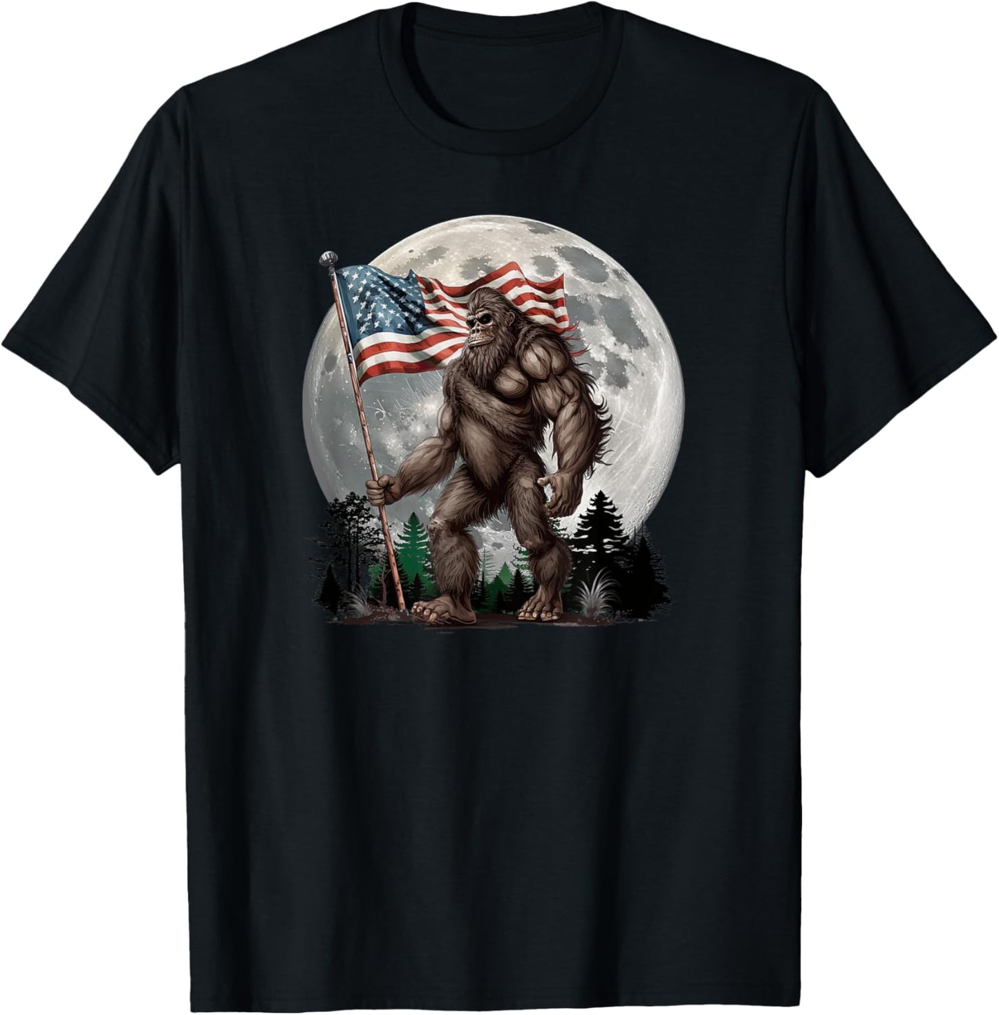 Bigfoot Sasquatch - American Flag Full Moon Patriotic T-Shirt