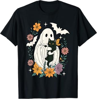 Groovy Floral Halloween Spooky Ghost Holding Black Cat Goth T-Shirt