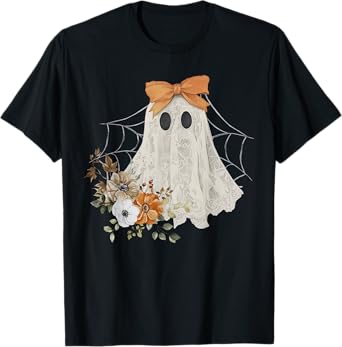 Coquette Ghost Halloween Flower Ghost Spooky Lace Ghost T-Shirt