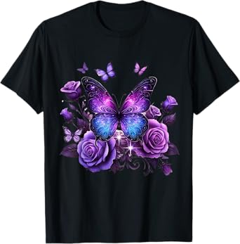 Beautiful Butterfly Purple Rose Butterfly Lovers Gifts Women T-Shirt