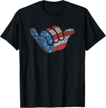 Patriotic Surfer Hang Shirt American Flag Loose Hand Sign T-Shirt for Women Kids Men