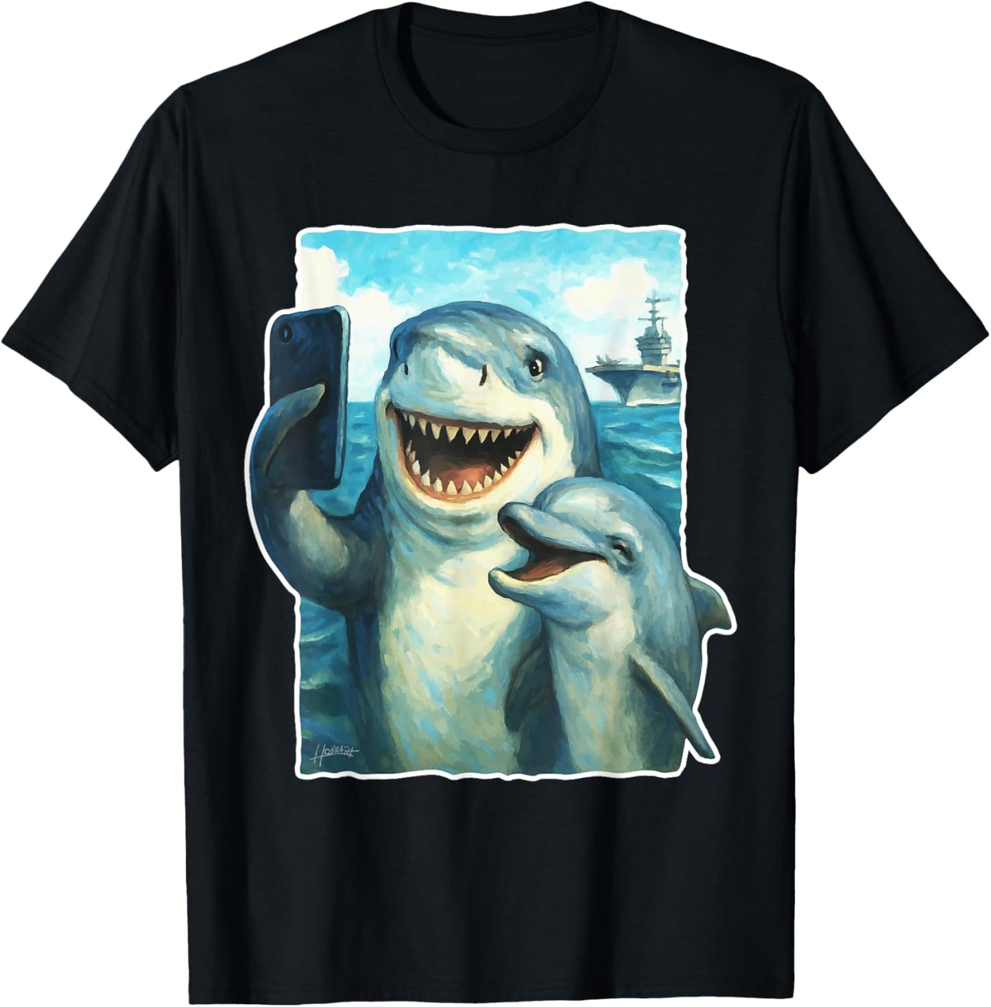 Funny Shark and Dolphin Taking Selfie with Aircraft Carrier T-Shirt