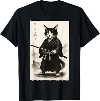 Cool Samurai Cats Graphic Ukiyo-e Warrior Anime Vintage T-Shirt