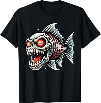 Funny Monster Skeletal Piranha Cartoon Drawing T-Shirt