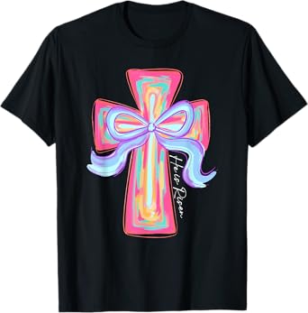 He Is Risen Jesus Christian Cross Coquette Bow Happy Easter T-Shirt