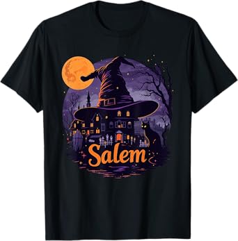 Vintage Salem Massachusetts Halloween Skyline Cityscape T-Shirt