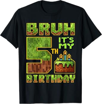 Birthday Boy 5 Year Old Bruh It's My 5th Bday Gamer Pixel T-Shirt