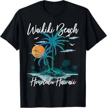 Family Vacation Retro Sunset Honolulu Hawaii Waikiki Beach T-Shirt for Men Women Kids